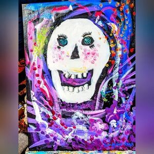 Wendy Gell painting Jolly Skull intuitive painting Chiclet teeth, jeweled eyes .